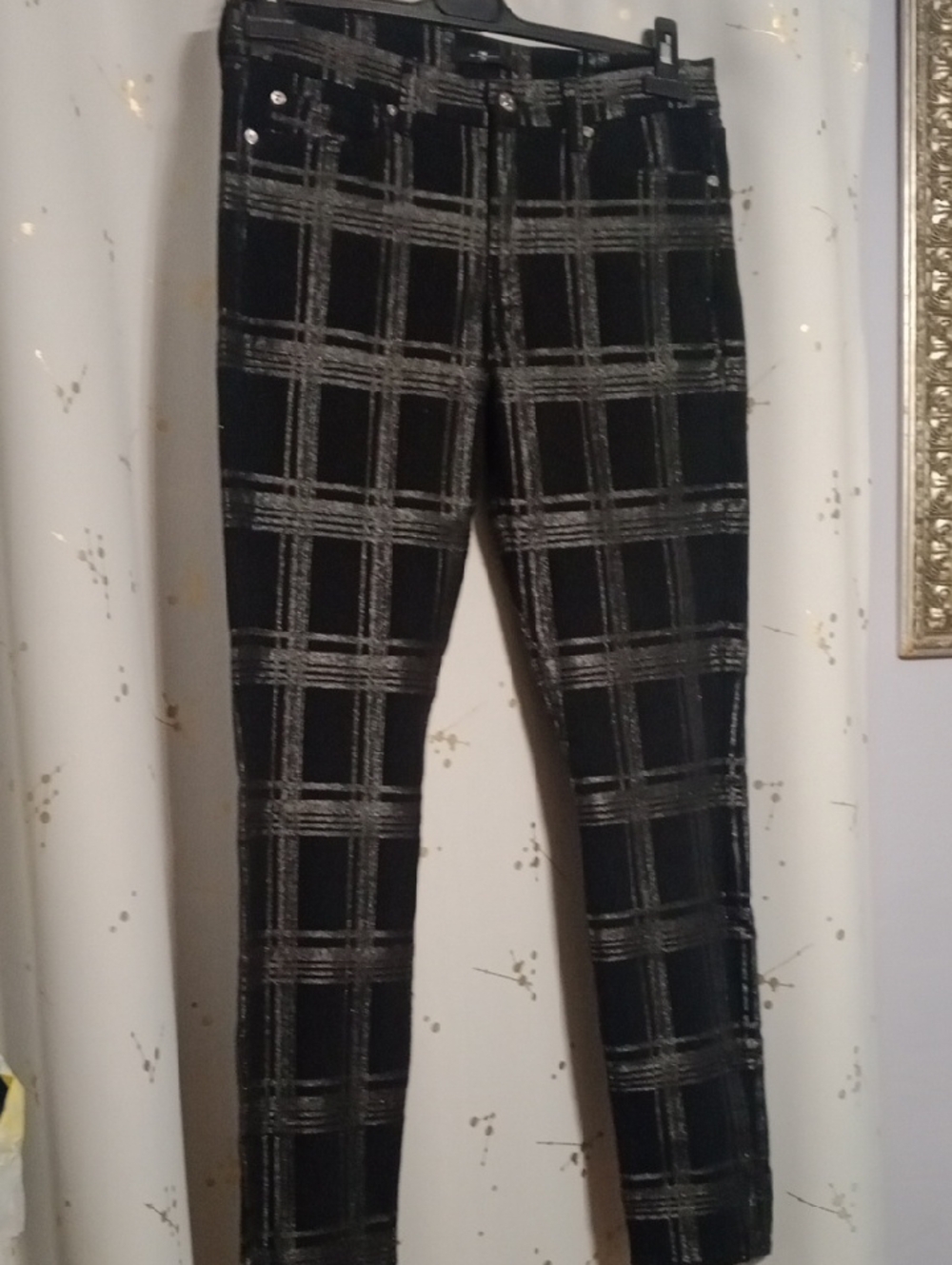 7 For All Mankind Black Skinny Jeans with Metallic Silver Windowpane